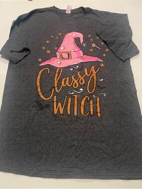 Classy Witch women’s medium graphic Tee - Pink & Dark Gray glitter Halloween